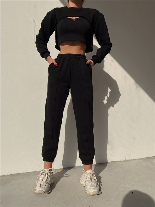 Crop atlet Bolero Sweat Lastik Bel Alt Elaina Kadın Siyah Üçlü Eşofman Takım 22K000322