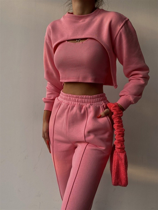 Crop atlet Bolero Sweat Lastik Bel Alt Elaina Kadın Pembe Üçlü Eşofman Takım 22K000322