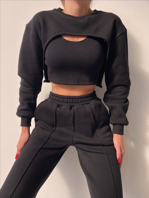 Crop atlet Bolero Sweat Lastik Bel Alt Elaina Kadın Siyah Üçlü Eşofman Takım 22K000322