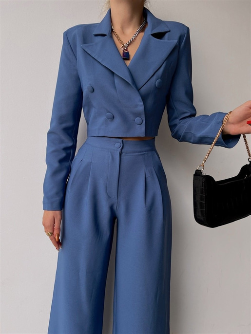 Crop Kruvaze Ceket Plazo Pntolon Vitale Kadın İndigo İkili Takım 22K000447