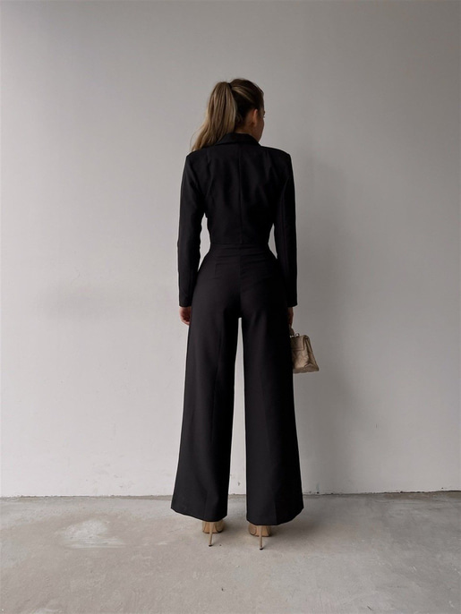 Crop Kruvaze Ceket Plazo Pntolon Vitale Kadın Siyah İkili Takım 22K000447