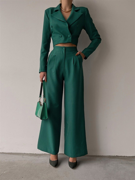 Crop Kruvaze Ceket Plazo Pntolon Vitale Kadın Yeşil İkili Takım 22K000447