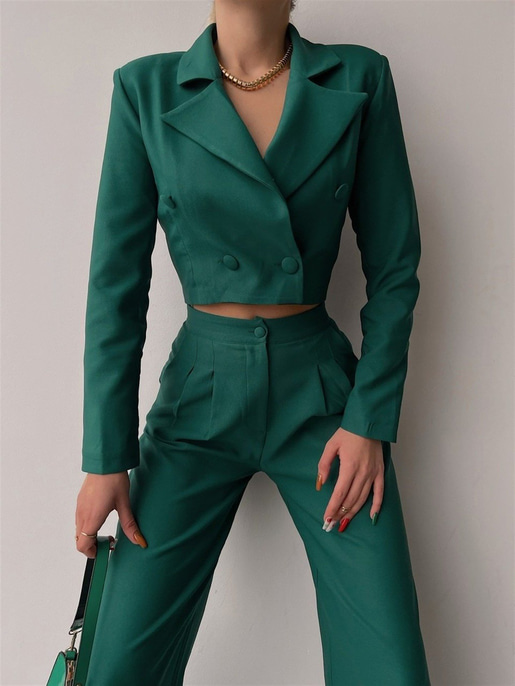 Crop Kruvaze Ceket Plazo Pntolon Vitale Kadın Yeşil İkili Takım 22K000447