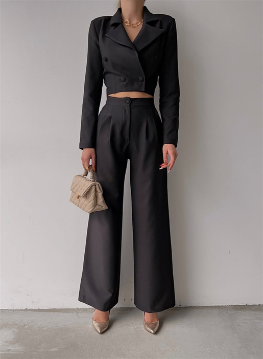 Crop Kruvaze Ceket Plazo Pntolon Vitale Kadın Siyah İkili Takım 22K000447