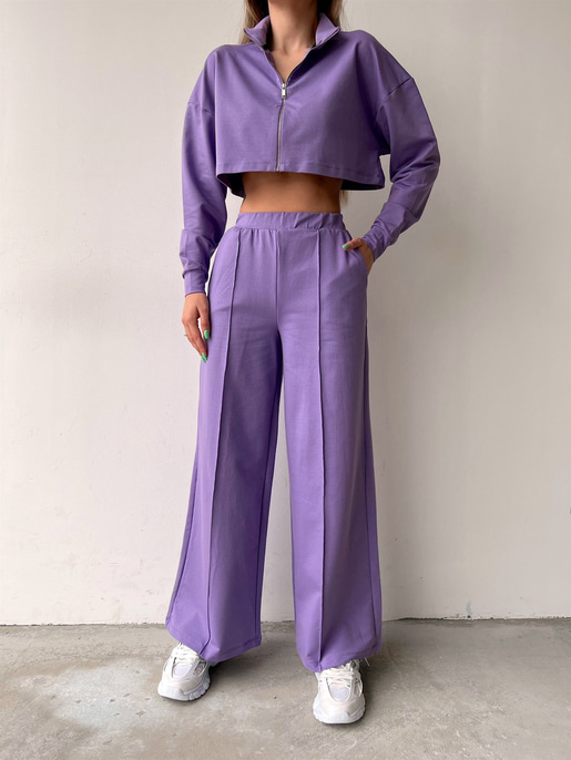 Crop Sweat Lastikli Bol Paça Alt Kadın Lila Eşofman Takım 21Y000077
