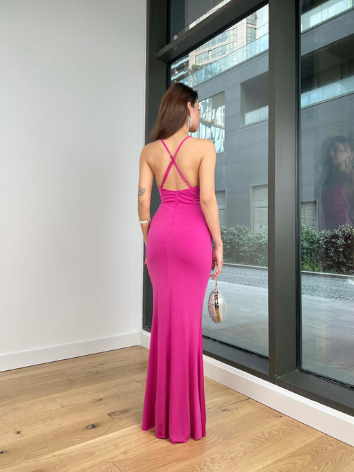 Degaje Yaka İnce Arkadan Çapraz Askılı Uliana Kadın Fuşya Elbise 23Y000152