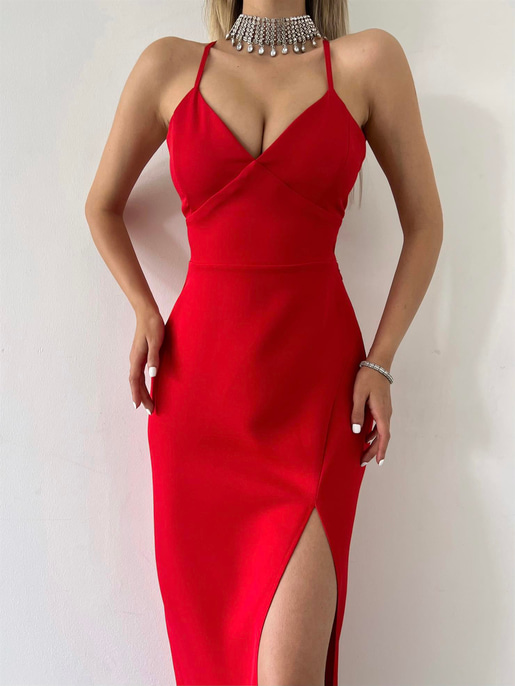 Derin V Yaka Askılı Arkadan Bağlama Detaylı Leni Kadın Kırmızı Midi Elbise 23Y000142
