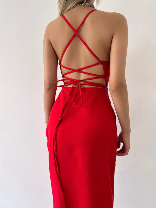 Derin V Yaka Askılı Arkadan Bağlama Detaylı Leni Kadın Kırmızı Midi Elbise 23Y000142