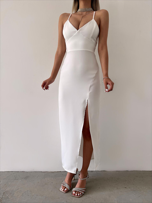 Derin V Yaka Askılı Arkadan Bağlama Detaylı Leni Kadın Ekru Midi Elbise 23Y000142