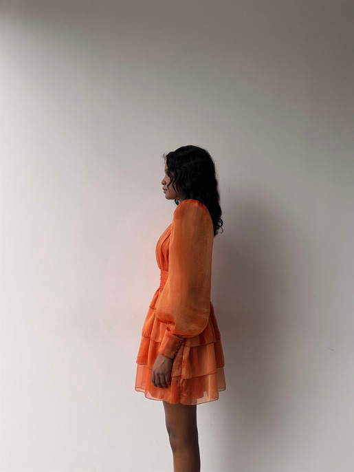Derin V Yaka Belden Oturtmalı Tül Kol Crown Kadın Turuncu Fırfırlı Elbise 23K000314
