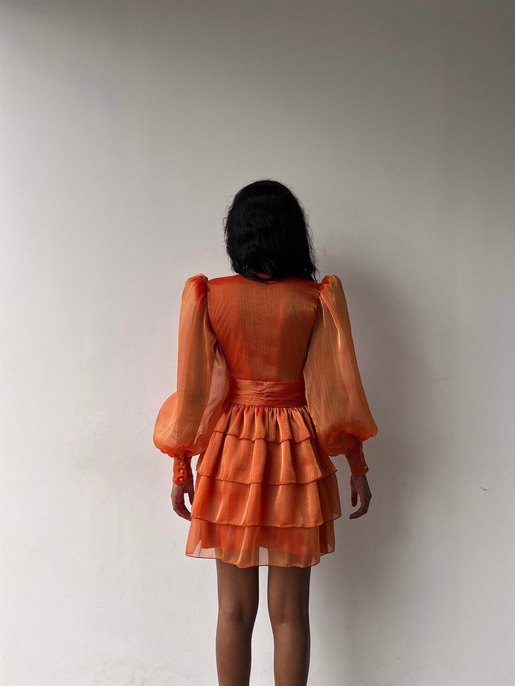 Derin V Yaka Belden Oturtmalı Tül Kol Crown Kadın Turuncu Fırfırlı Elbise 23K000314