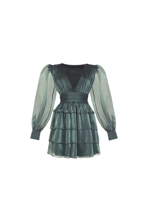 Derin V Yaka Belden Oturtmalı Tül Kol Crown Kadın Haki Fırfırlı Elbise 23K000314