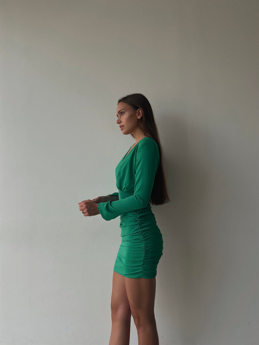 Derin V Yaka Uzun Kol Drapeli Aroline Kadın Yeşil Mini Elbise 23K000042