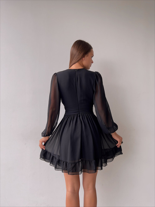 Derin V Yaka Uzun Tül Kol Eteği Fırfırlı Zia Kadın Siyah Mini Elbise 23K000111