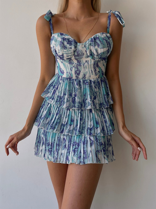 Desenli Ayarlanabilir Askılı Pileli Ve Fırfırlı Nanni Kadın Mor Elbise 22Y000487