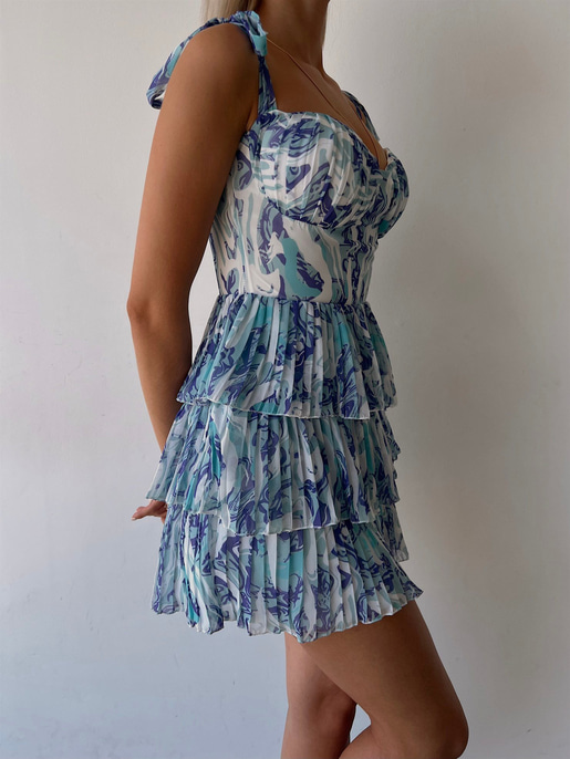 Desenli Ayarlanabilir Askılı Pileli Ve Fırfırlı Nanni Kadın Mor Elbise 22Y000487