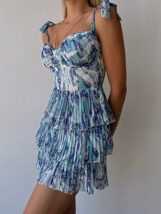 Desenli Ayarlanabilir Askılı Pileli Ve Fırfırlı Nanni Kadın Mor Elbise 22Y000487