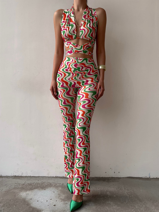 Desenli Bağcıklı Crop Büzgülü Bel Alt Hadley Kadın Beyaz İkili Takım 22Y000081