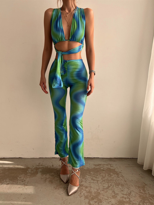 Desenli Bağcıklı Crop Büzgülü Bel Alt Hadley Kadın Renkli İkili Takım 22Y000081