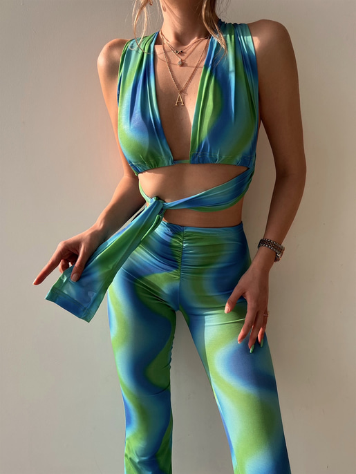 Desenli Bağcıklı Crop Büzgülü Bel Alt Hadley Kadın Renkli İkili Takım 22Y000081