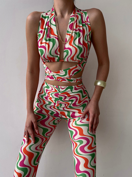 Desenli Bağcıklı Crop Büzgülü Bel Alt Hadley Kadın Beyaz İkili Takım 22Y000081