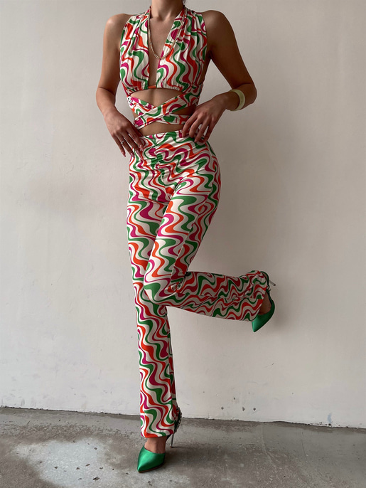 Desenli Bağcıklı Crop Büzgülü Bel Alt Hadley Kadın Beyaz İkili Takım 22Y000081