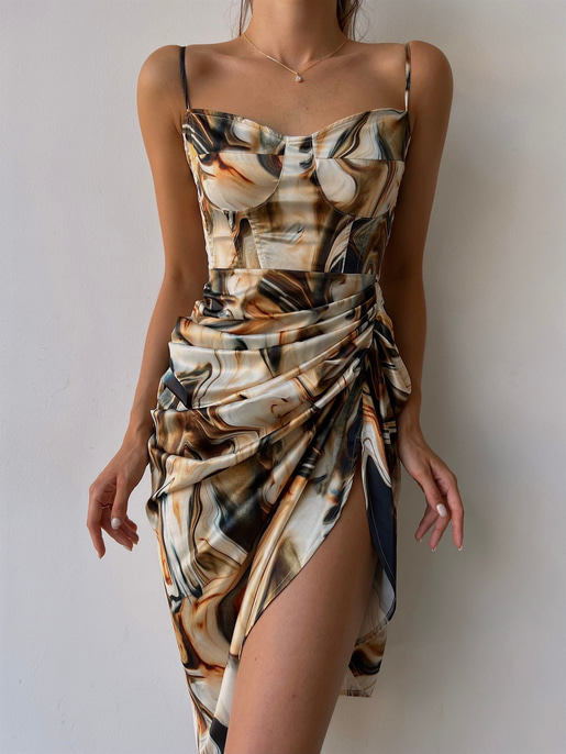 Desenli İnce Askı Drapeli Yandan Yırtmaçlı Ginevra Kadın Renkli Elbise 22Y000491