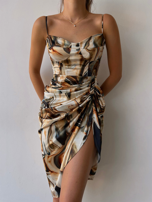 Desenli İnce Askı Drapeli Yandan Yırtmaçlı Ginevra Kadın Renkli Elbise 22Y000491