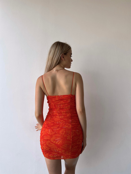 Desenli İnce Askılı Tül Drapeli Arvilla Kadın Turuncu Elbise 22Y000338