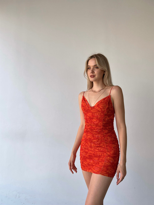 Desenli İnce Askılı Tül Drapeli Arvilla Kadın Turuncu Elbise 22Y000338