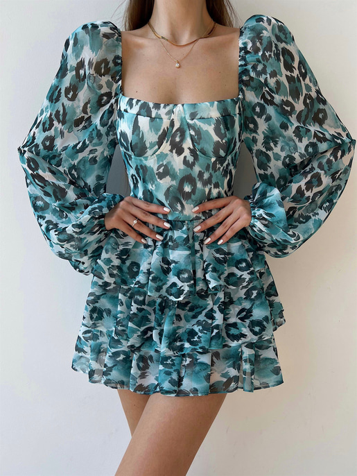 Desenli Kare Yaka Balon Kol Fırfırlı Sesto Kadın Mavi Elbise 22Y000368