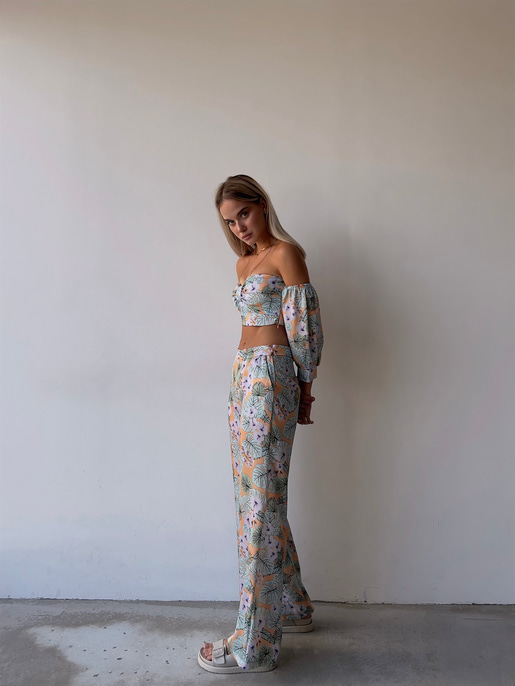 Desenli Takma Uzun Kol Crop Ve Cepli Bol Paça Alt Maximo Kadın Lila İkili Takım 22Y000502