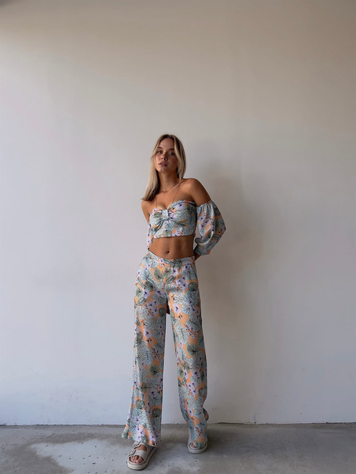 Desenli Takma Uzun Kol Crop Ve Cepli Bol Paça Alt Maximo Kadın Lila İkili Takım 22Y000502