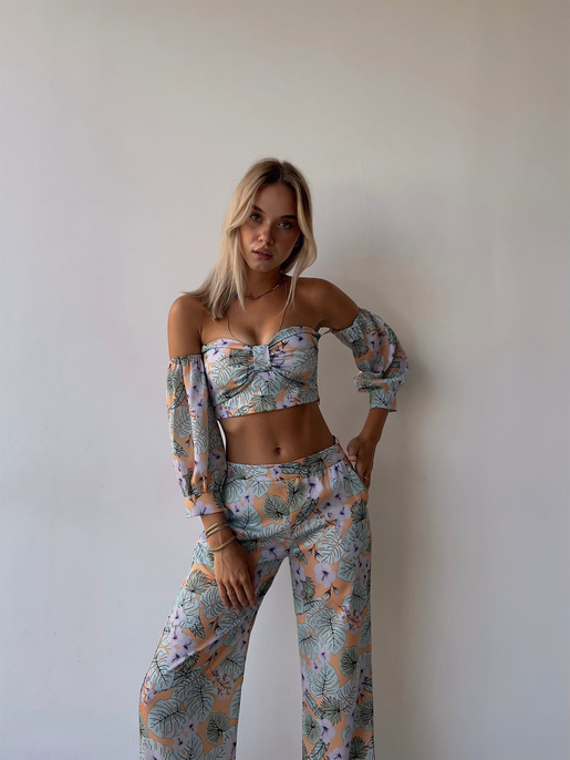 Desenli Takma Uzun Kol Crop Ve Cepli Bol Paça Alt Maximo Kadın Lila İkili Takım 22Y000502