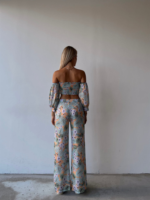 Desenli Takma Uzun Kol Crop Ve Cepli Bol Paça Alt Maximo Kadın Lila İkili Takım 22Y000502