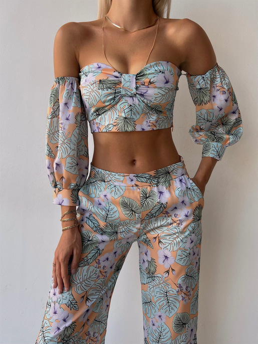 Desenli Takma Uzun Kol Crop Ve Cepli Bol Paça Alt Maximo Kadın Lila İkili Takım 22Y000502