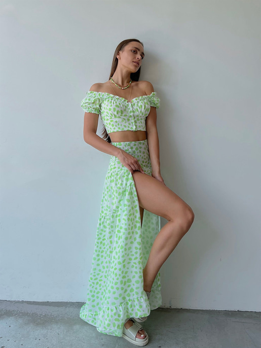 Desenli Üst Düğme Kapamalı Kol Lastikli Eteği Yırtmaçlı ve Fermuar Kapamalı Telma Kadın Yeşil İkili Takım 22Y000512