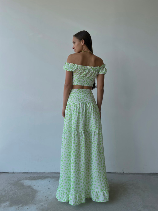 Desenli Üst Düğme Kapamalı Kol Lastikli Eteği Yırtmaçlı ve Fermuar Kapamalı Telma Kadın Yeşil İkili Takım 22Y000512