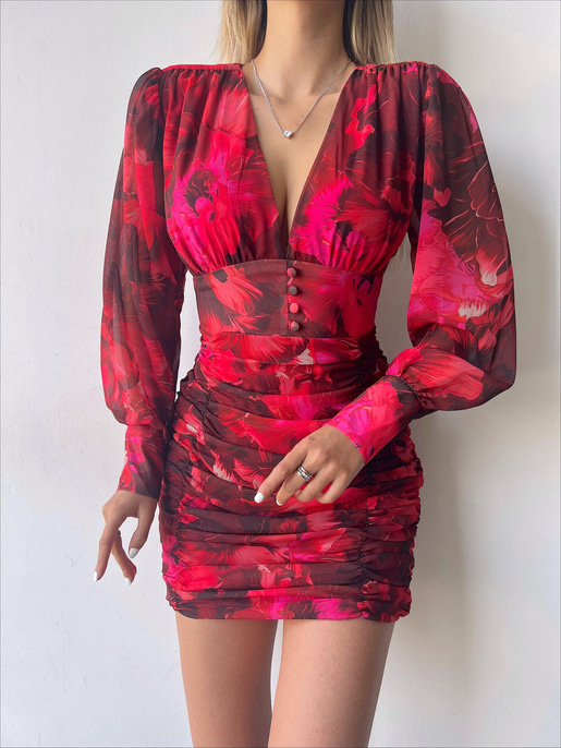 Desenli Uzun Kol Drapeli Derin V Yaka Sienna Kadın Bordo Mini Elbise 22Y000507