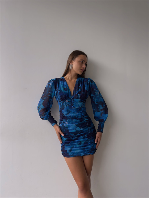 Desenli Uzun Kol Drapeli Derin V Yaka Sienna Kadın Mavi Mini Elbise 22Y000507