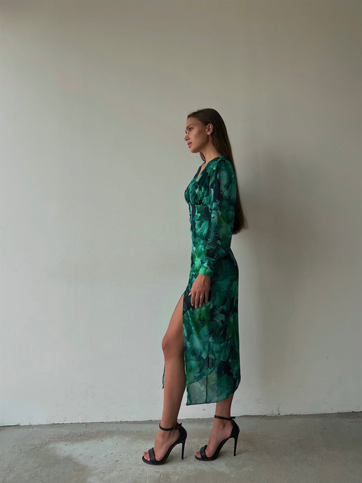 Desenli Uzun Kol Yırtmaçlı Derin V Yaka Ciana Kadın Renkli Midi Elbise 22Y000516