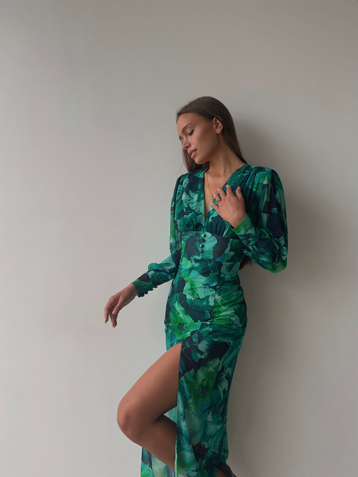 Desenli Uzun Kol Yırtmaçlı Derin V Yaka Ciana Kadın Renkli Midi Elbise 22Y000516