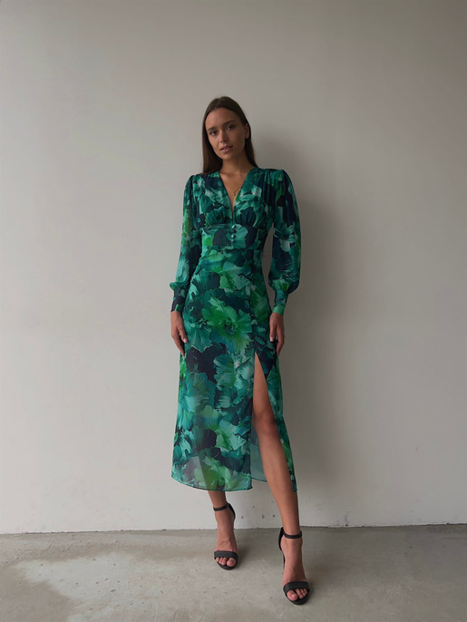 Desenli Uzun Kol Yırtmaçlı Derin V Yaka Ciana Kadın Renkli Midi Elbise 22Y000516