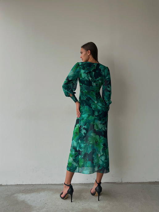 Desenli Uzun Kol Yırtmaçlı Derin V Yaka Ciana Kadın Renkli Midi Elbise 22Y000516