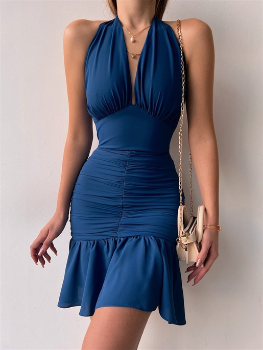 Drape Boyundan Bağlama Eteği Volanlı Kadın İndigo  Elbise 22K000528