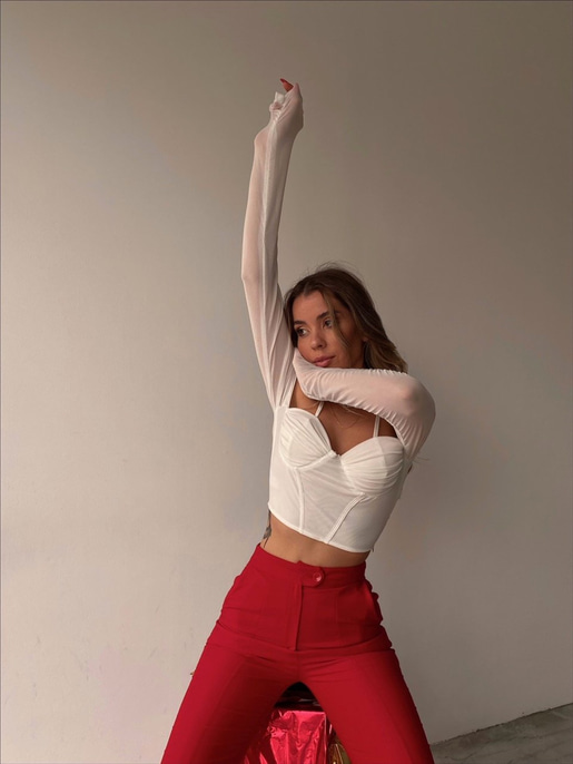 Drape Omuz Dekolteli Denys Kadın Beyaz Tül Bluz 21Y000547