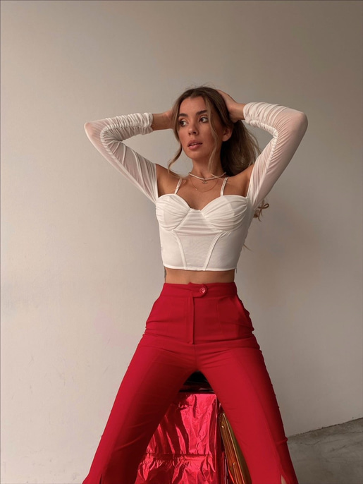Drape Omuz Dekolteli Denys Kadın Beyaz Tül Bluz 21Y000547