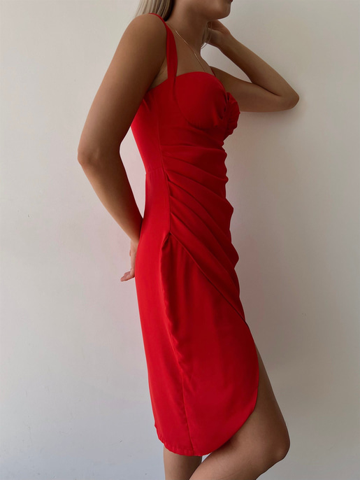 Drapeli Kalın Askı Eteği Kruvaze Paolina Kadın Kırmızı Elbise 22K000535