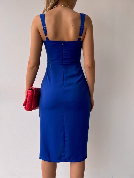 Drapeli Kalın Askı Eteği Kruvaze Paolina Kadın Saks Elbise 22K000535