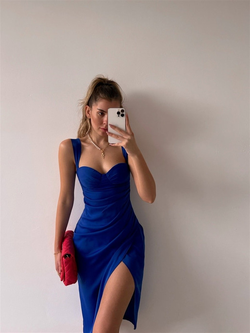 Drapeli Kalın Askı Eteği Kruvaze Paolina Kadın Saks Elbise 22K000535